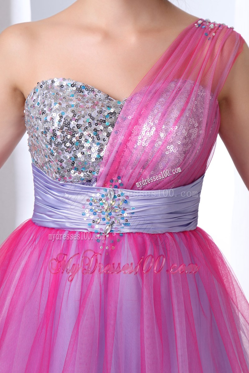 Hot Pink and Lilac One Shoulder Beading Homecoming Dresses