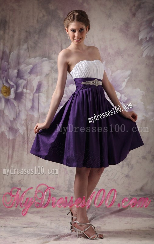White and Purple Sweetheart Beading and Ruche Homecoming Dress
