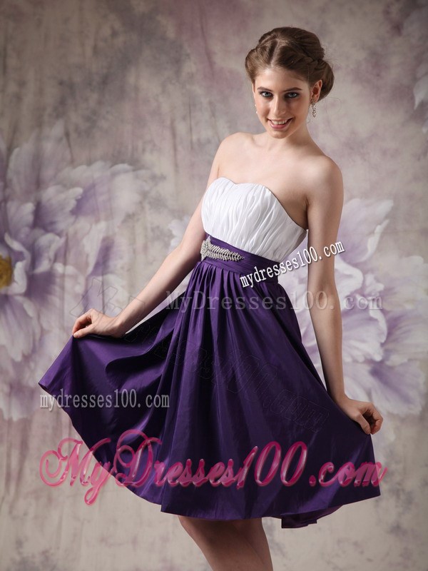 White and Purple Sweetheart Beading and Ruche Homecoming Dress