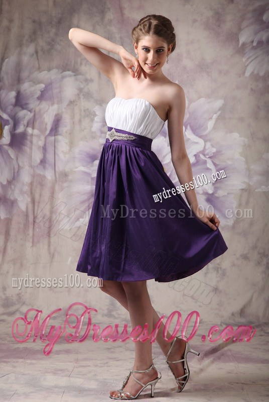 White and Purple Sweetheart Beading and Ruche Homecoming Dress