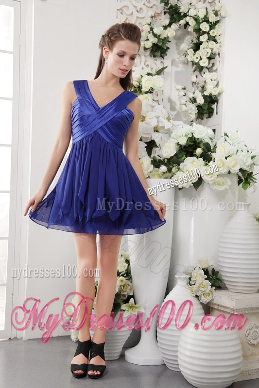 Navy Blue Empire V-neck 2013 Short Ruching Homecoming Dresses