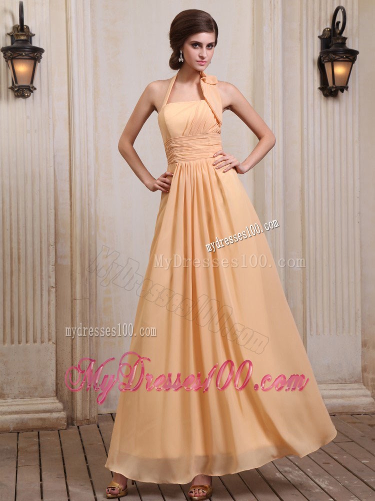 Gold Homecoming Dresses With Halter Ruching for Party in Spring