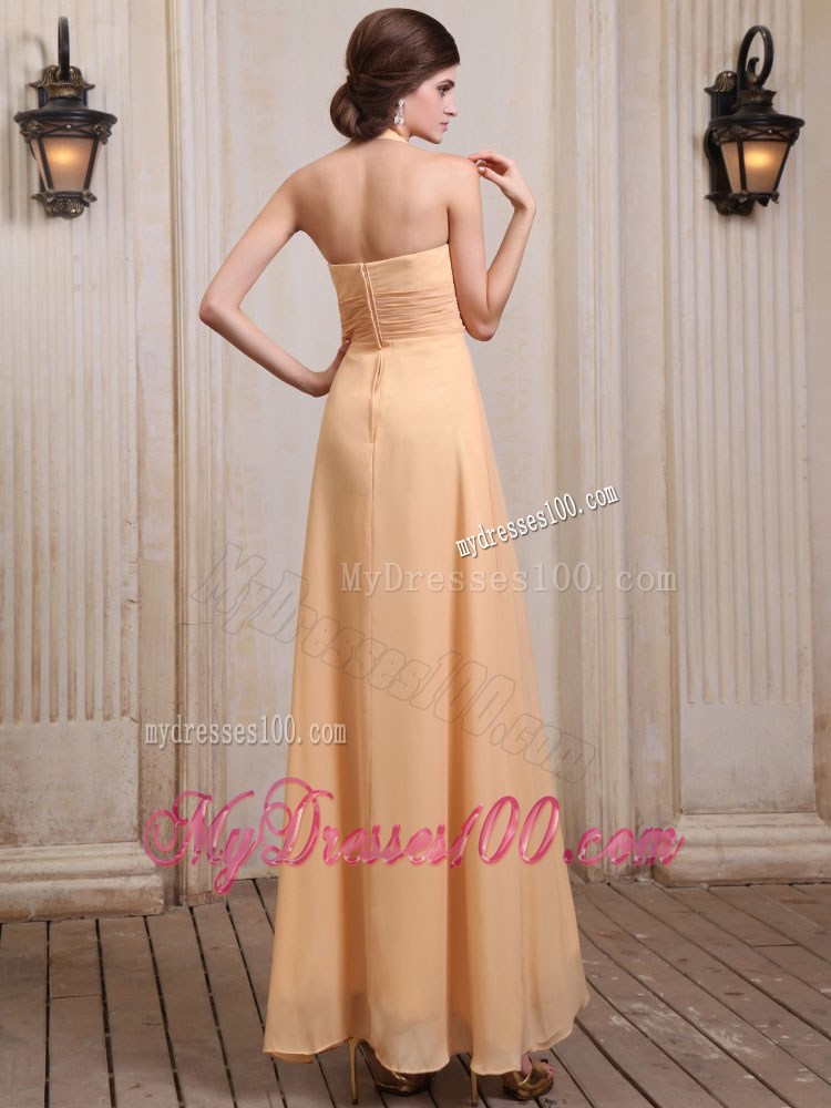 Gold Homecoming Dresses With Halter Ruching for Party in Spring