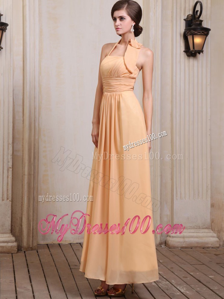 Gold Homecoming Dresses With Halter Ruching for Party in Spring