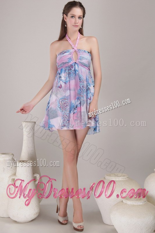 Popular Empire Halter Mini-length Print Beading Homecoming Dresses