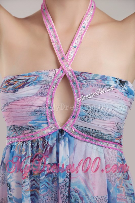 Popular Empire Halter Mini-length Print Beading Homecoming Dresses
