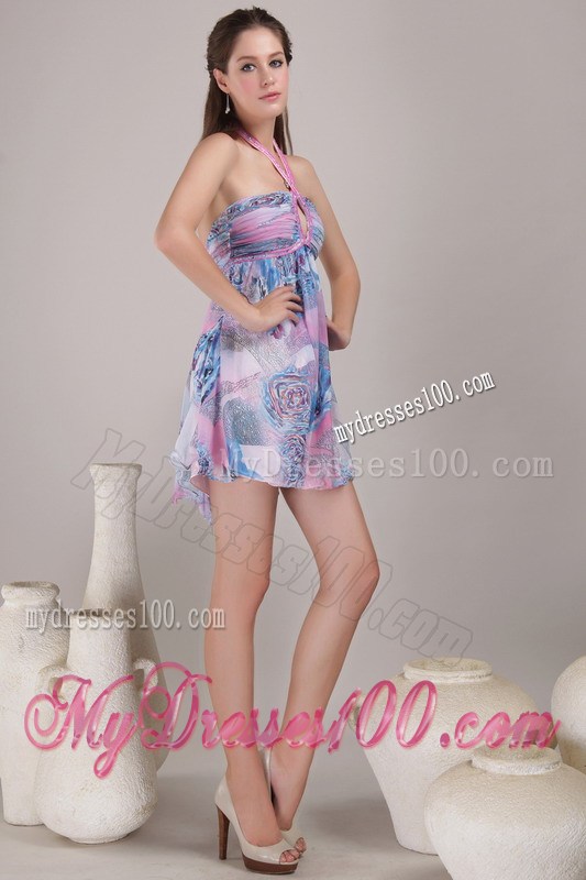 Popular Empire Halter Mini-length Print Beading Homecoming Dresses