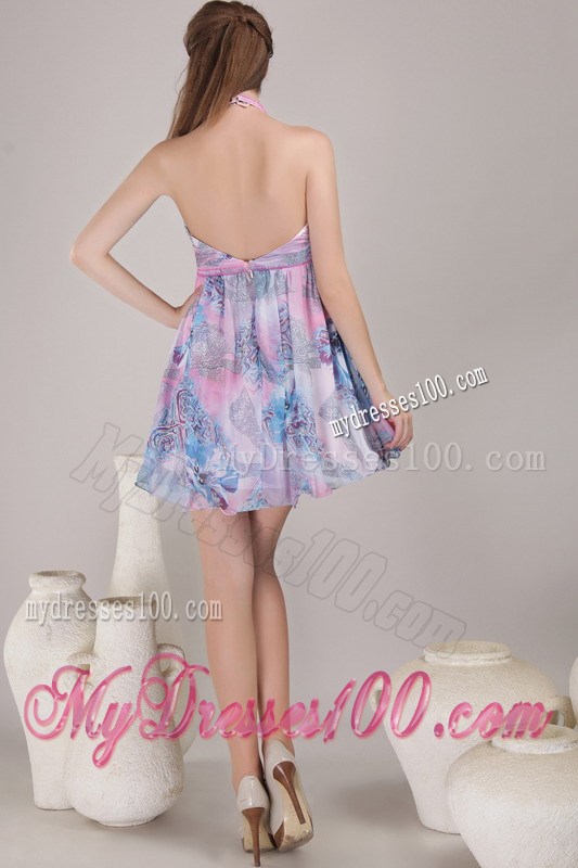 Popular Empire Halter Mini-length Print Beading Homecoming Dresses