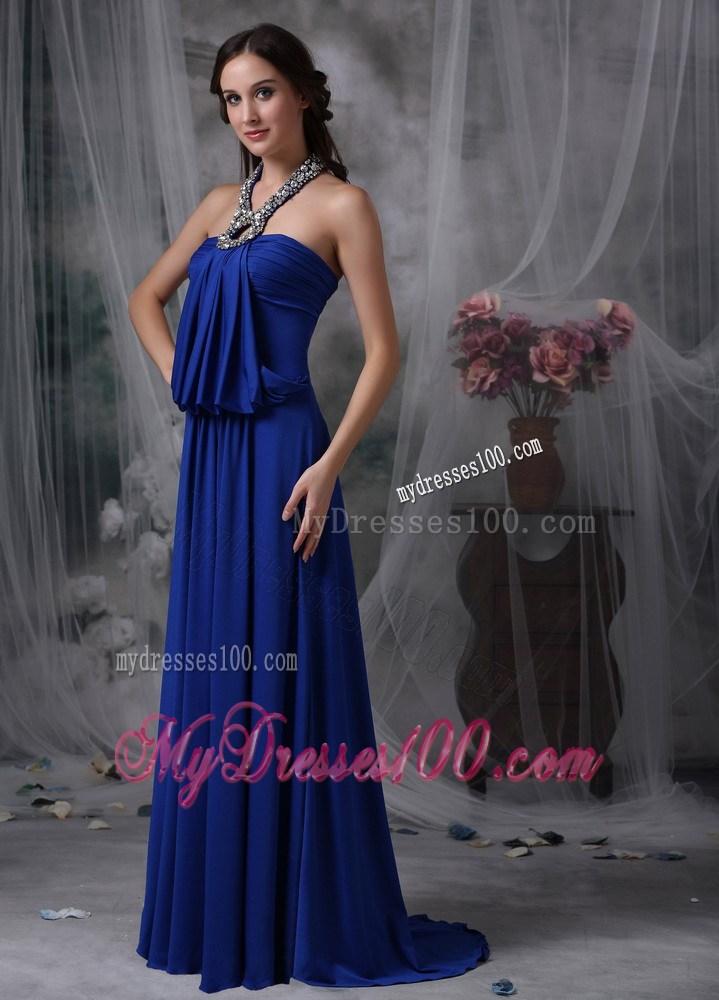 Classical Royal Blue Empire Halter Homecoming Dresses with Beading