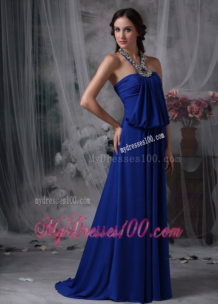 Classical Royal Blue Empire Halter Homecoming Dresses with Beading