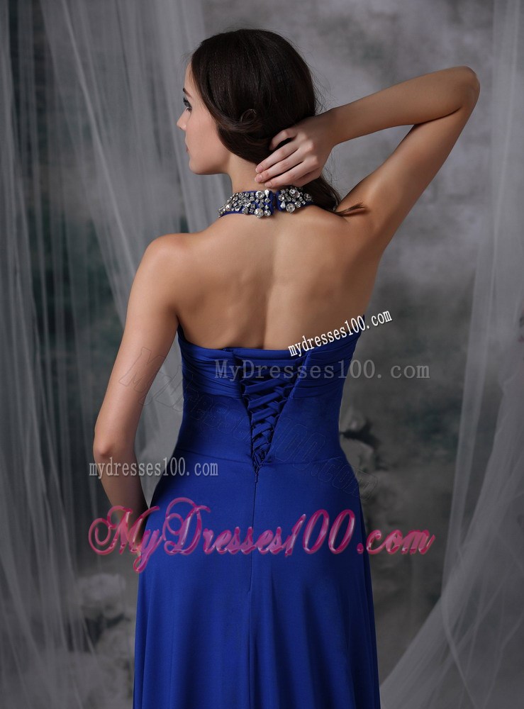 Classical Royal Blue Empire Halter Homecoming Dresses with Beading