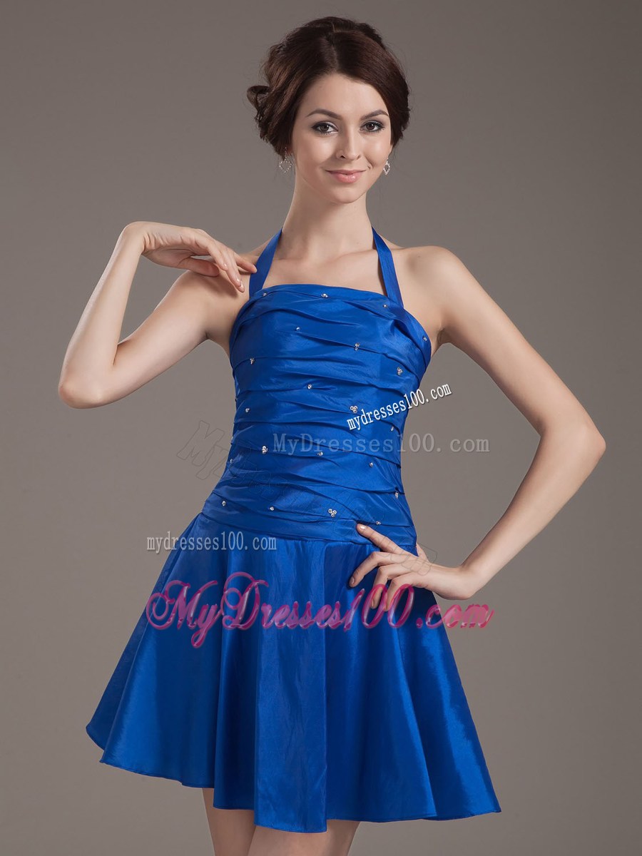 Halter Peacock Blue Homecoming Dresses With Beading and Ruche