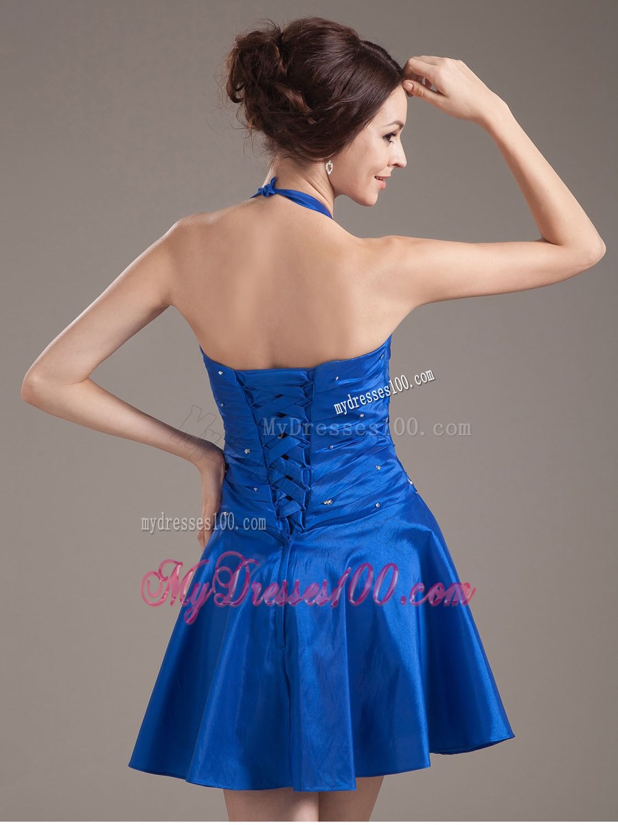 Halter Peacock Blue Homecoming Dresses With Beading and Ruche