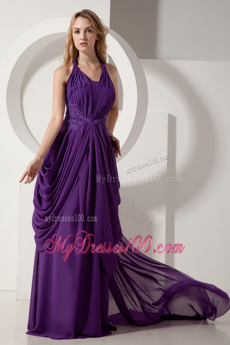 Purple Column Halter Ruching Homecoming Dresses with Beading