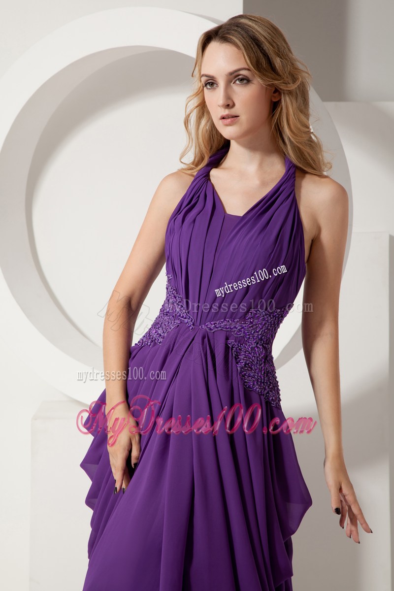 Purple Column Halter Ruching Homecoming Dresses with Beading