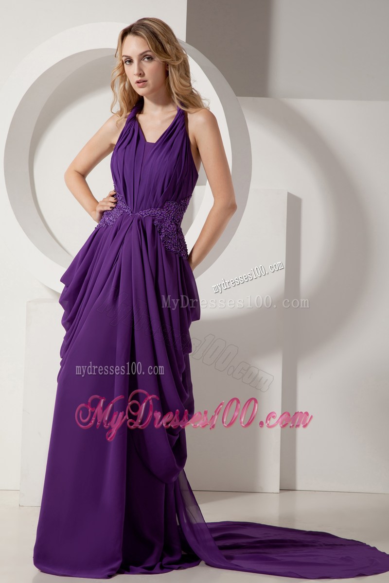 Purple Column Halter Ruching Homecoming Dresses with Beading