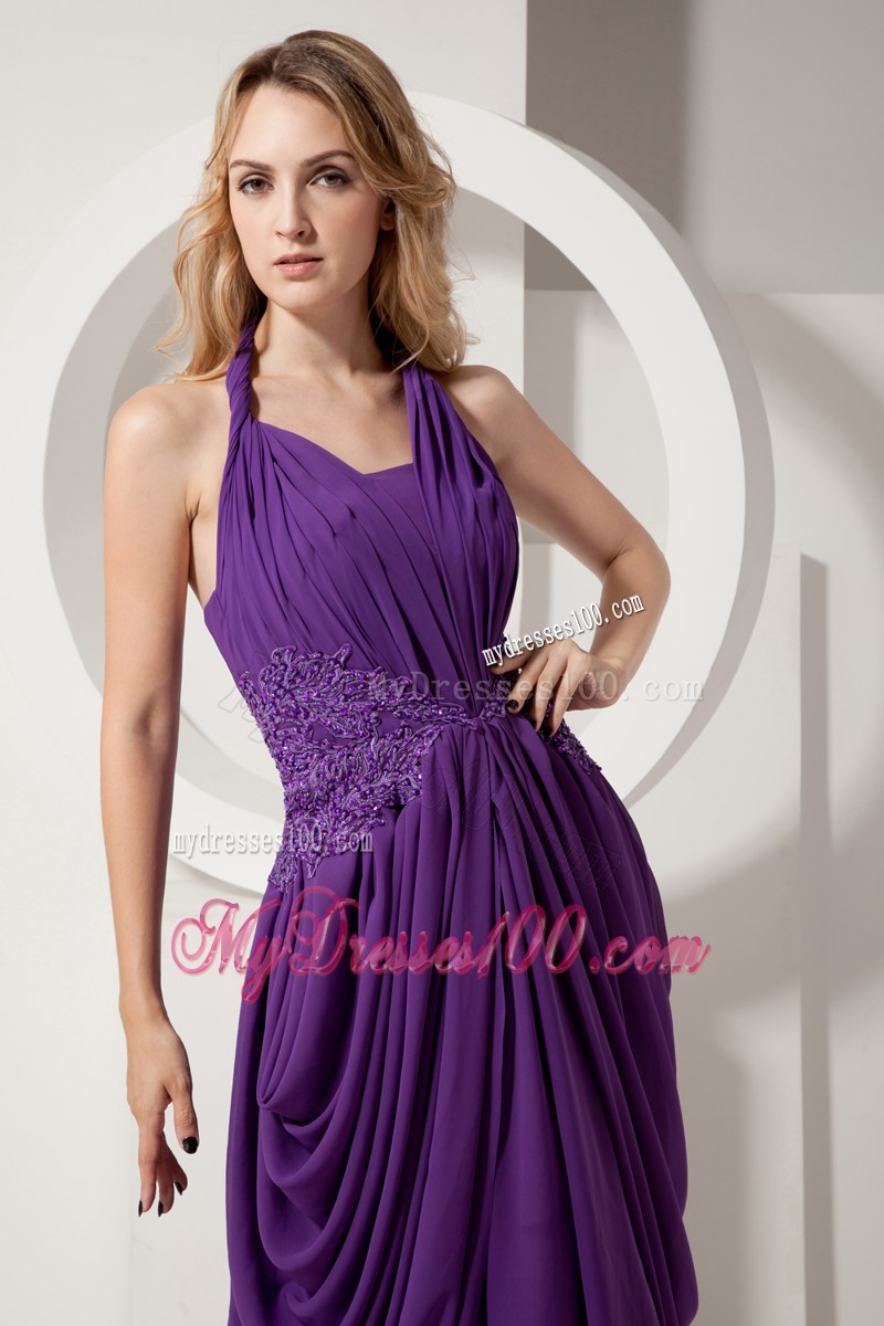 Purple Column Halter Ruching Homecoming Dresses with Beading