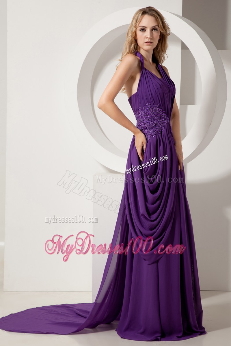 Purple Column Halter Ruching Homecoming Dresses with Beading