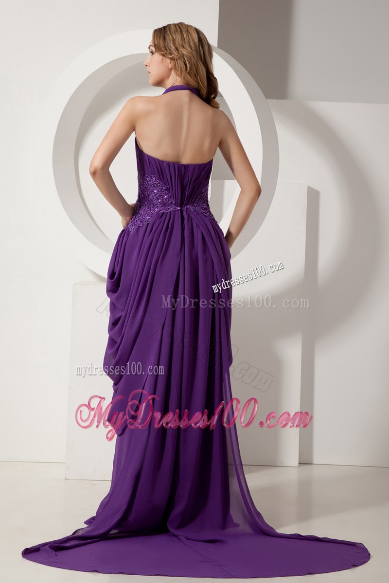 Purple Column Halter Ruching Homecoming Dresses with Beading