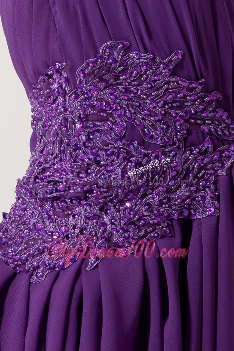 Purple Column Halter Ruching Homecoming Dresses with Beading