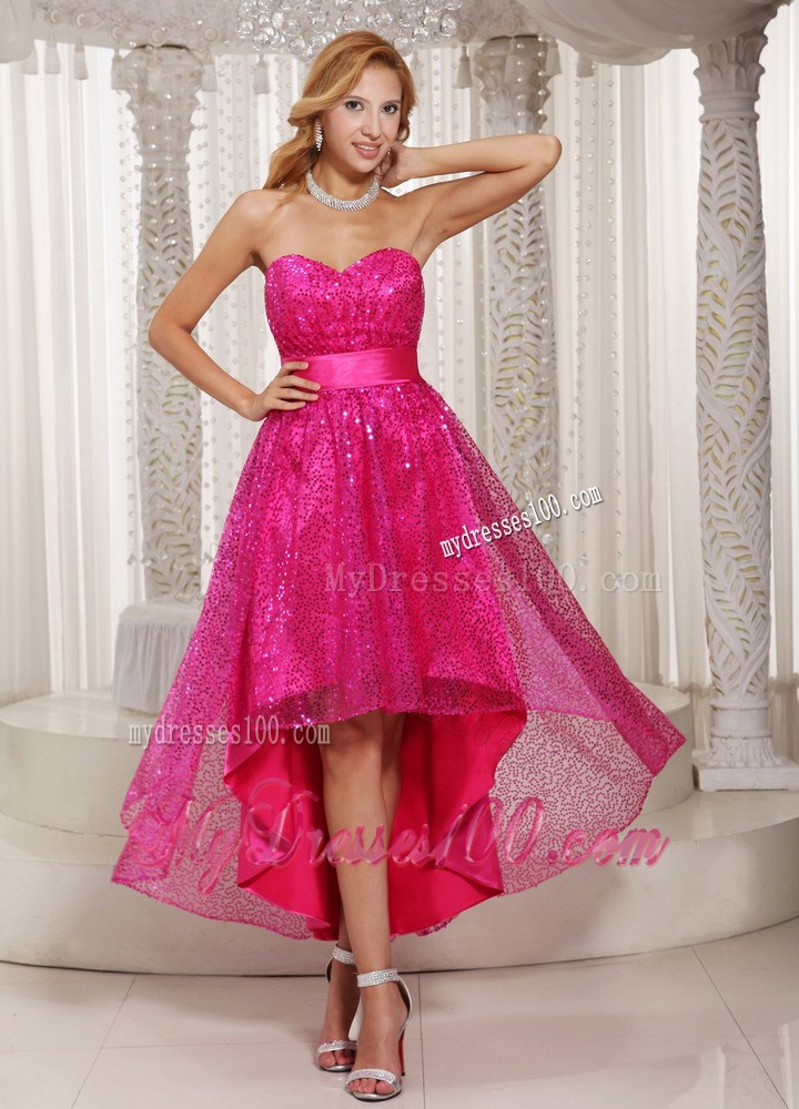 Hot Pink Paillette Over Skirt High-low Sweetheart Homecoming Dresses