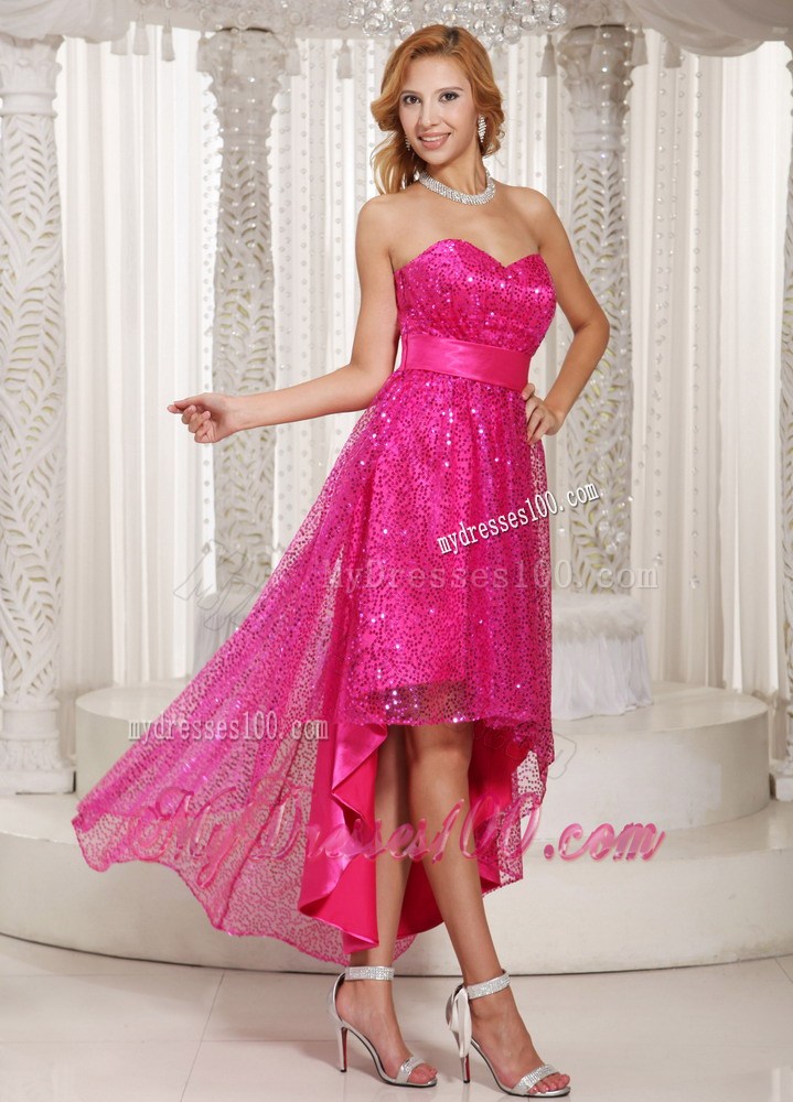 Hot Pink Paillette Over Skirt High-low Sweetheart Homecoming Dresses