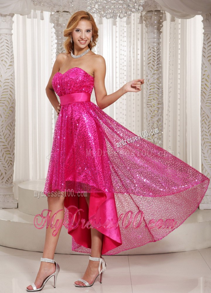 Hot Pink Paillette Over Skirt High-low Sweetheart Homecoming Dresses