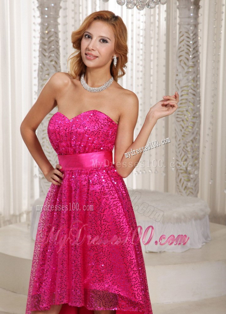 Hot Pink Paillette Over Skirt High-low Sweetheart Homecoming Dresses