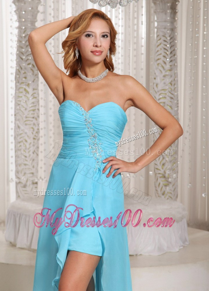Aque Blue High-low Sweetheart Homecoming Dress Beaded and Ruche
