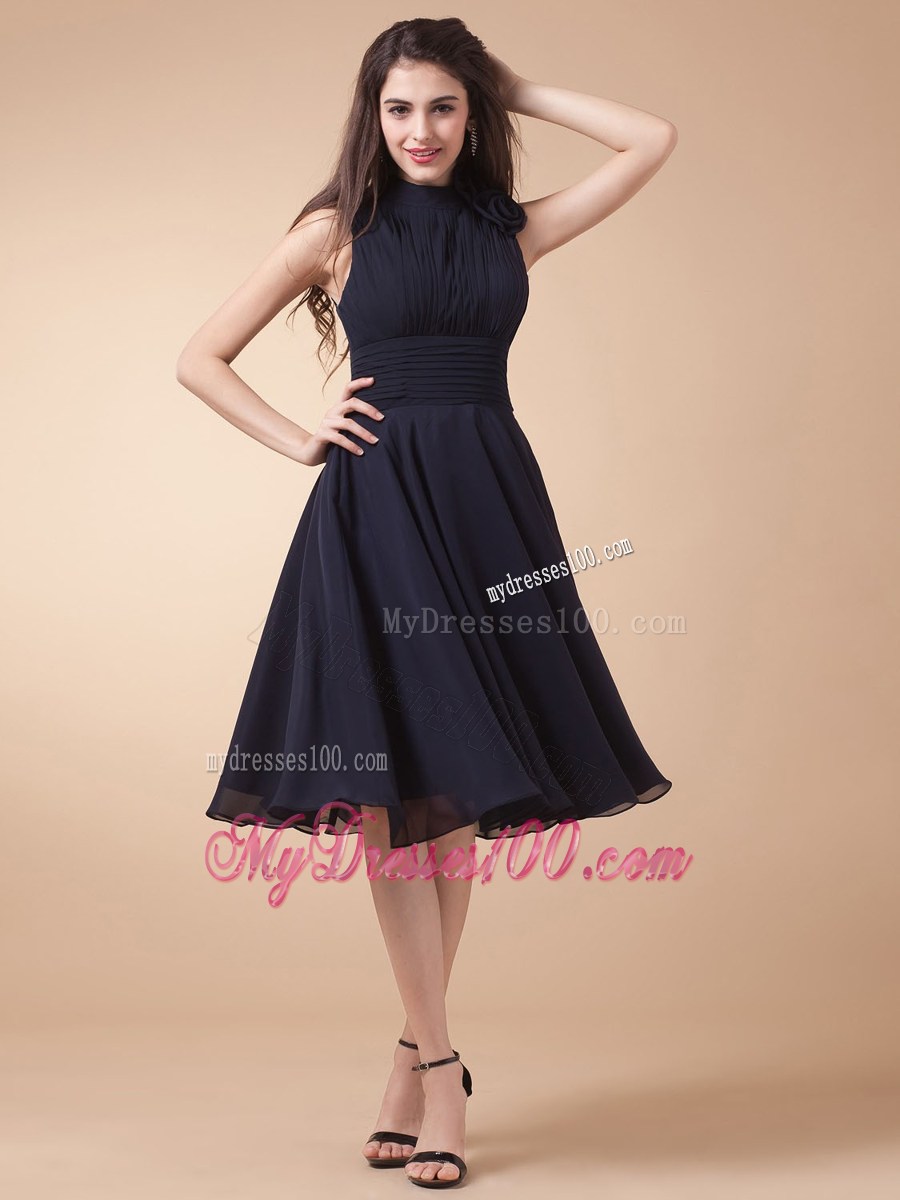 High-neck and Ruched Custom Made Navy Blue Homecoming Dresses