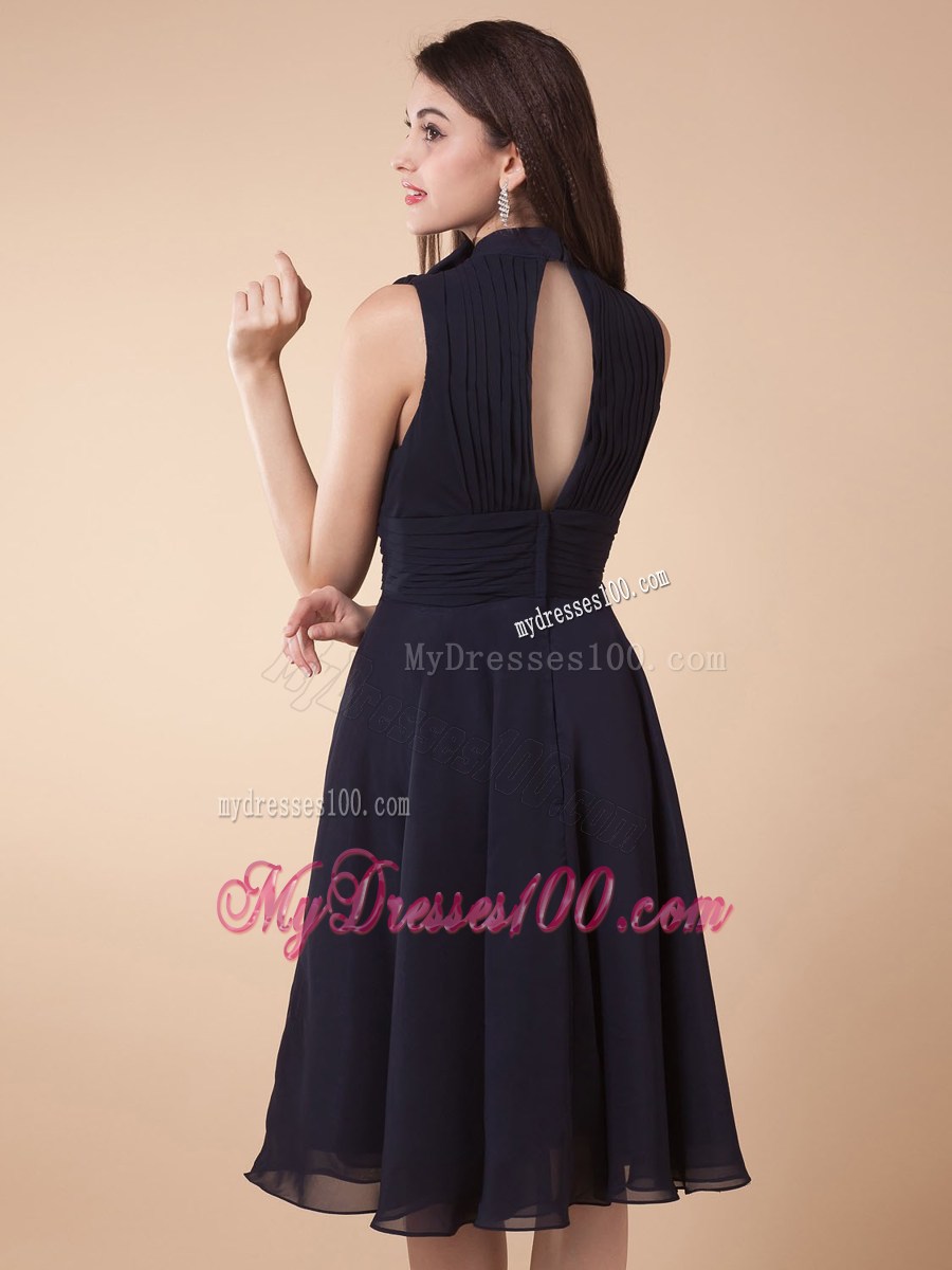 High-neck and Ruched Custom Made Navy Blue Homecoming Dresses