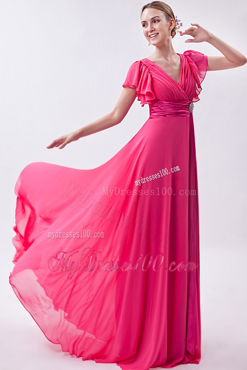 Hot Pink Empire V-neck Homecoming Dresses with Ruched Brush Train