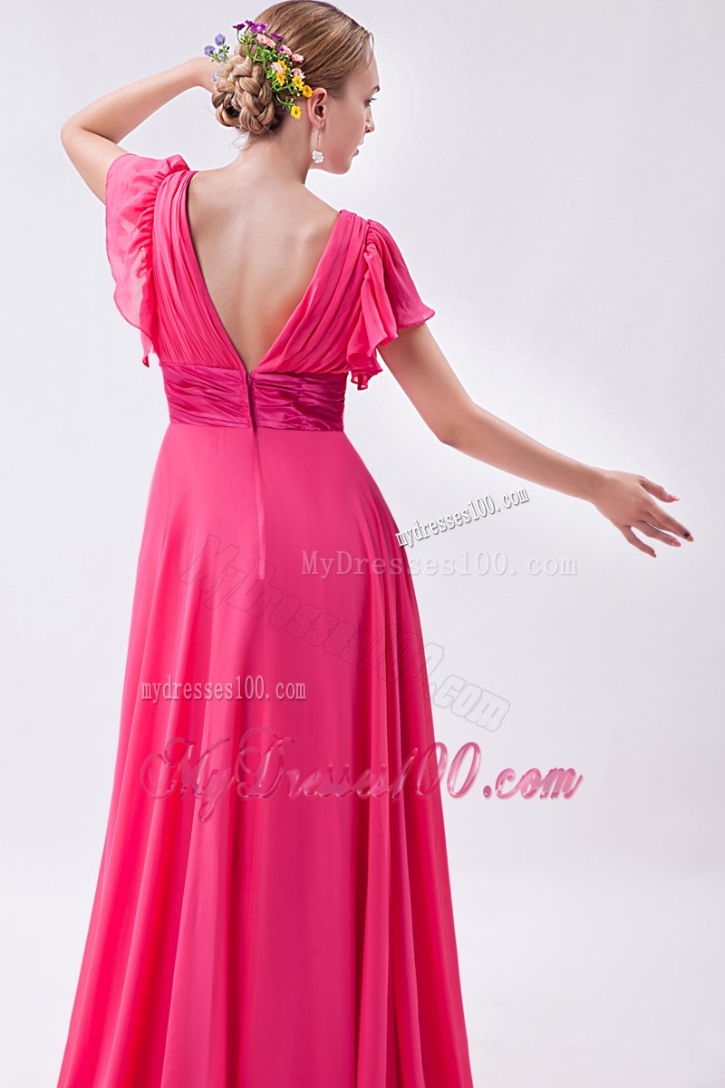 Hot Pink Empire V-neck Homecoming Dresses with Ruched Brush Train