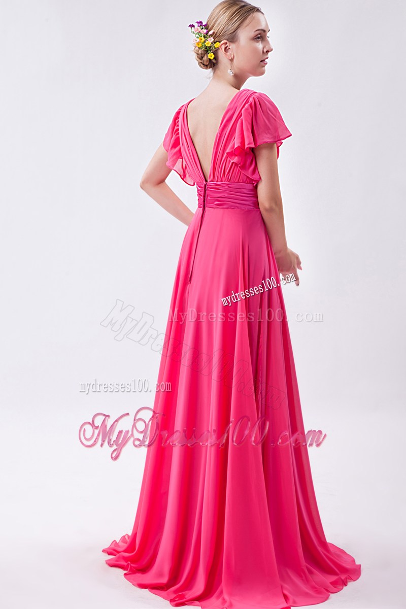 Hot Pink Empire V-neck Homecoming Dresses with Ruched Brush Train
