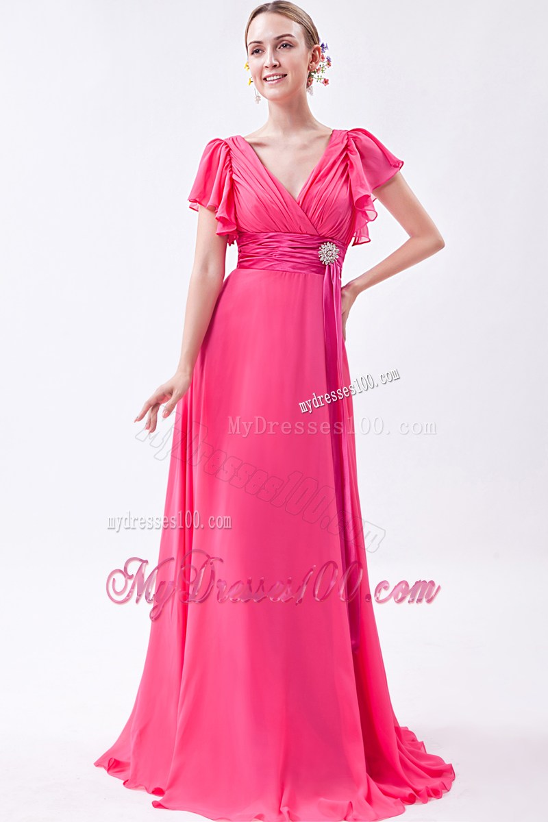 Hot Pink Empire V-neck Homecoming Dresses with Ruched Brush Train