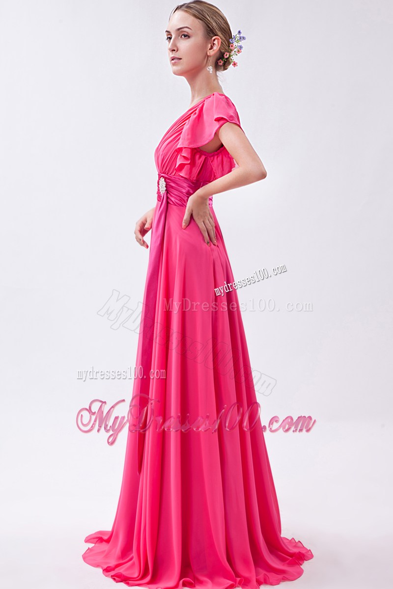 Hot Pink Empire V-neck Homecoming Dresses with Ruched Brush Train