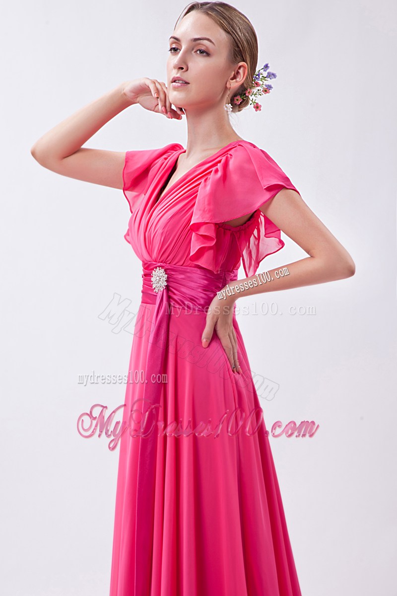 Hot Pink Empire V-neck Homecoming Dresses with Ruched Brush Train