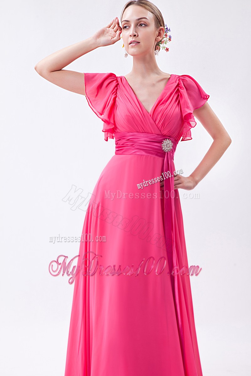 Hot Pink Empire V-neck Homecoming Dresses with Ruched Brush Train