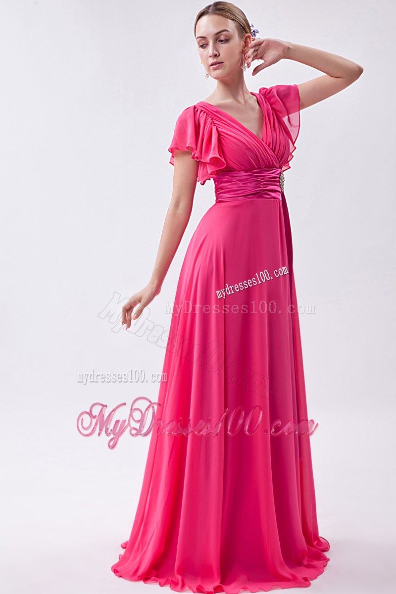 Hot Pink Empire V-neck Homecoming Dresses with Ruched Brush Train