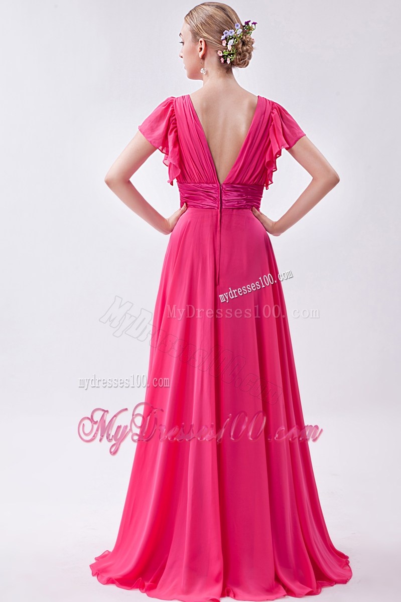 Hot Pink Empire V-neck Homecoming Dresses with Ruched Brush Train