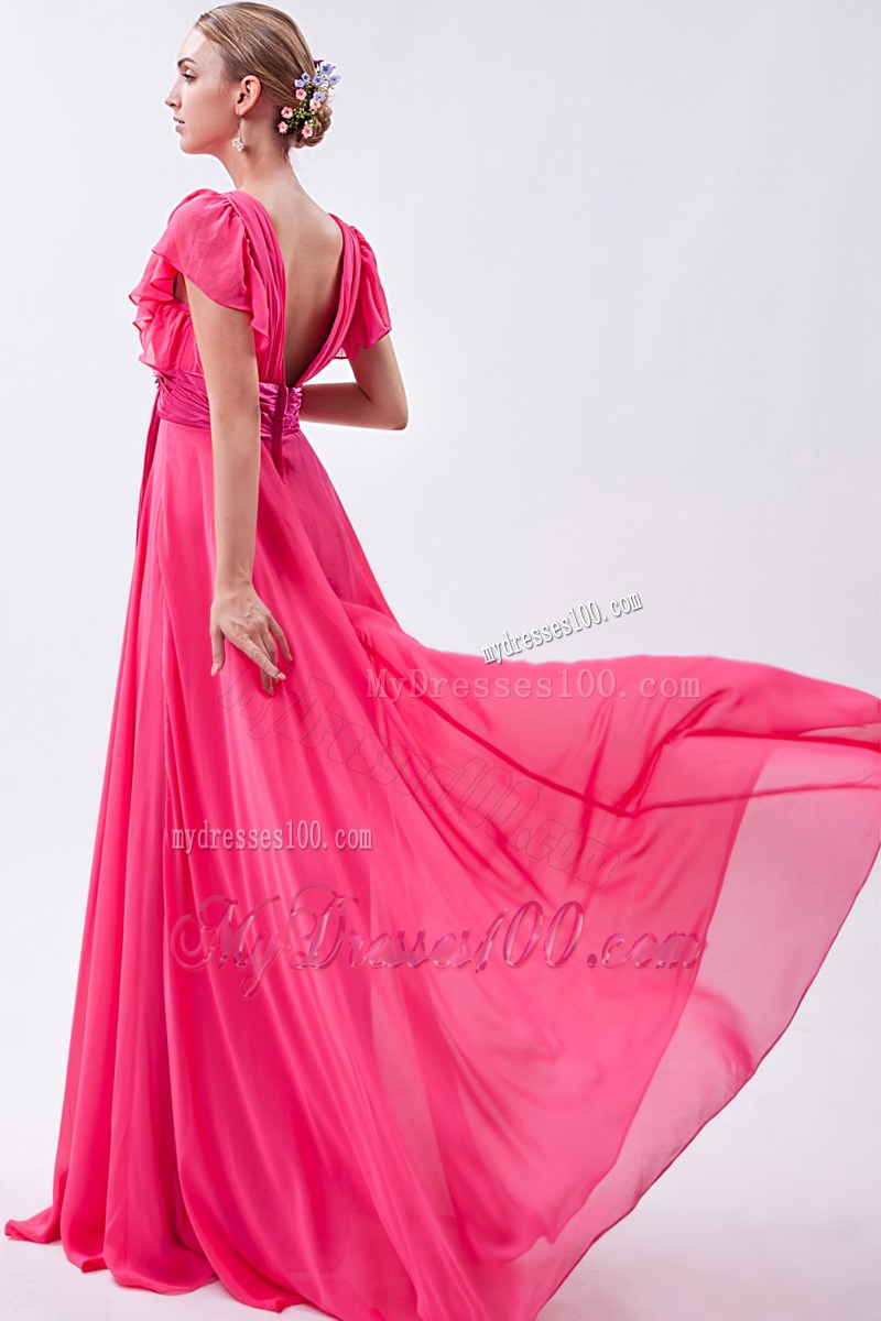 Hot Pink Empire V-neck Homecoming Dresses with Ruched Brush Train