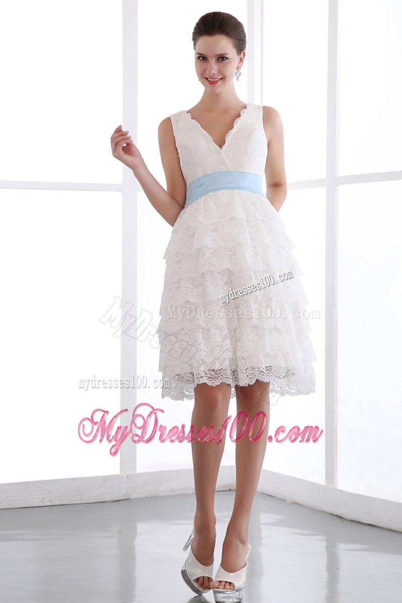 White V-neck Mini-length Lace Sash Homecoming Dresses