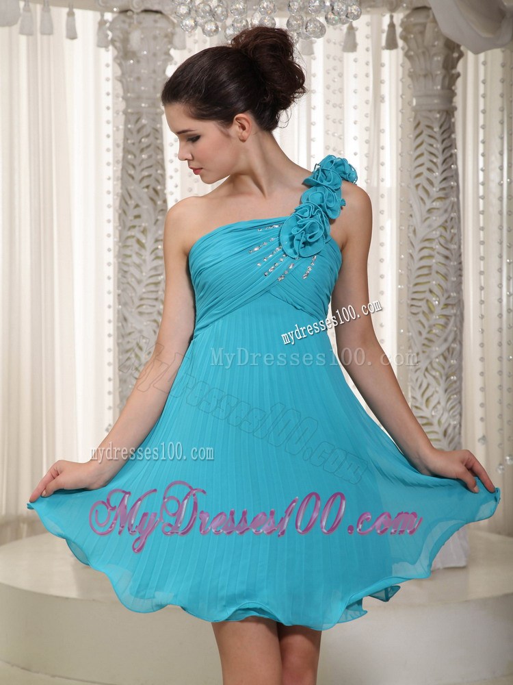 Blue One Shoulder Beading and Hand Flowers Homecoming Dresses