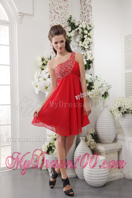 Red Empire One Shoulder Short Beading Homecoming Dresses 2013