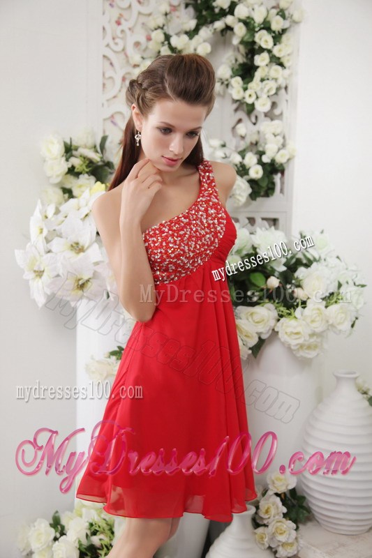 Red Empire One Shoulder Short Beading Homecoming Dresses 2013
