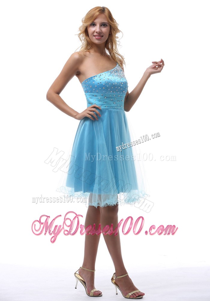 2013 Beaded Decorate One Shoulder For Aqua Blue Homecoming Dress