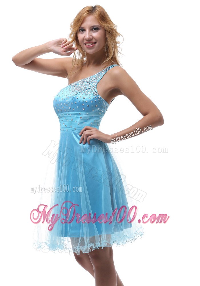 2013 Beaded Decorate One Shoulder For Aqua Blue Homecoming Dress
