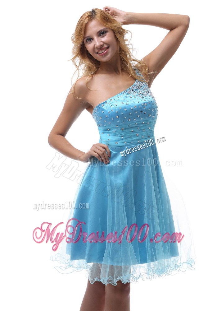 2013 Beaded Decorate One Shoulder For Aqua Blue Homecoming Dress
