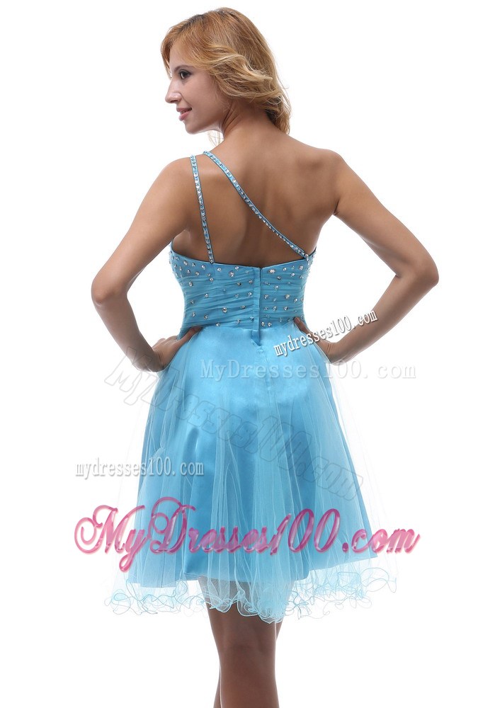 2013 Beaded Decorate One Shoulder For Aqua Blue Homecoming Dress