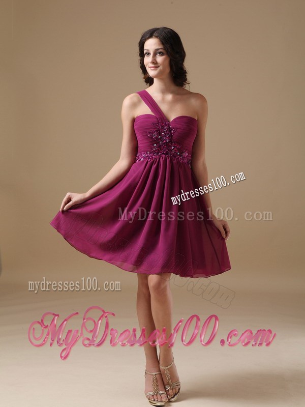 Fuchsia One Shoulder Mini-length Beading Homecoming Dresses